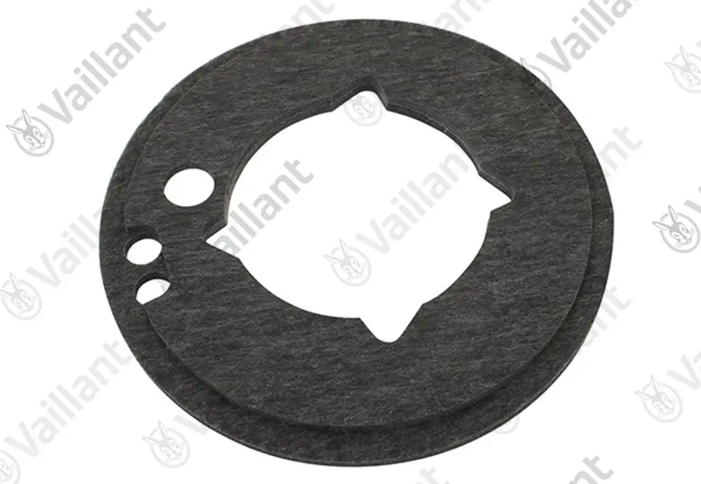 Schwarze Isolierplatte mit kreisförmigem Loch in der Mitte und mehreren kleineren Löchern, hergestellt von Vaillant.